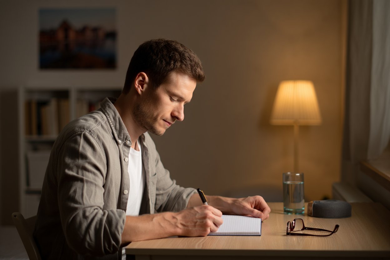 Человек ведет записи в дневник